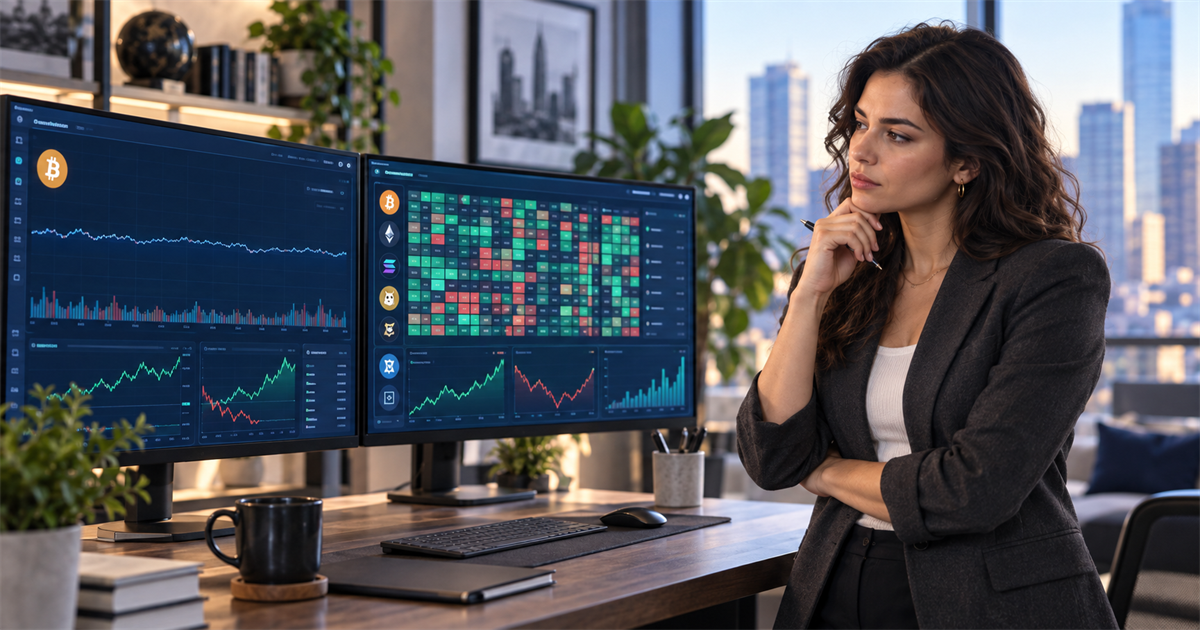 A dark-haired analyst reviews Bitcoin and mixed altcoin charts in a daylight market studio.