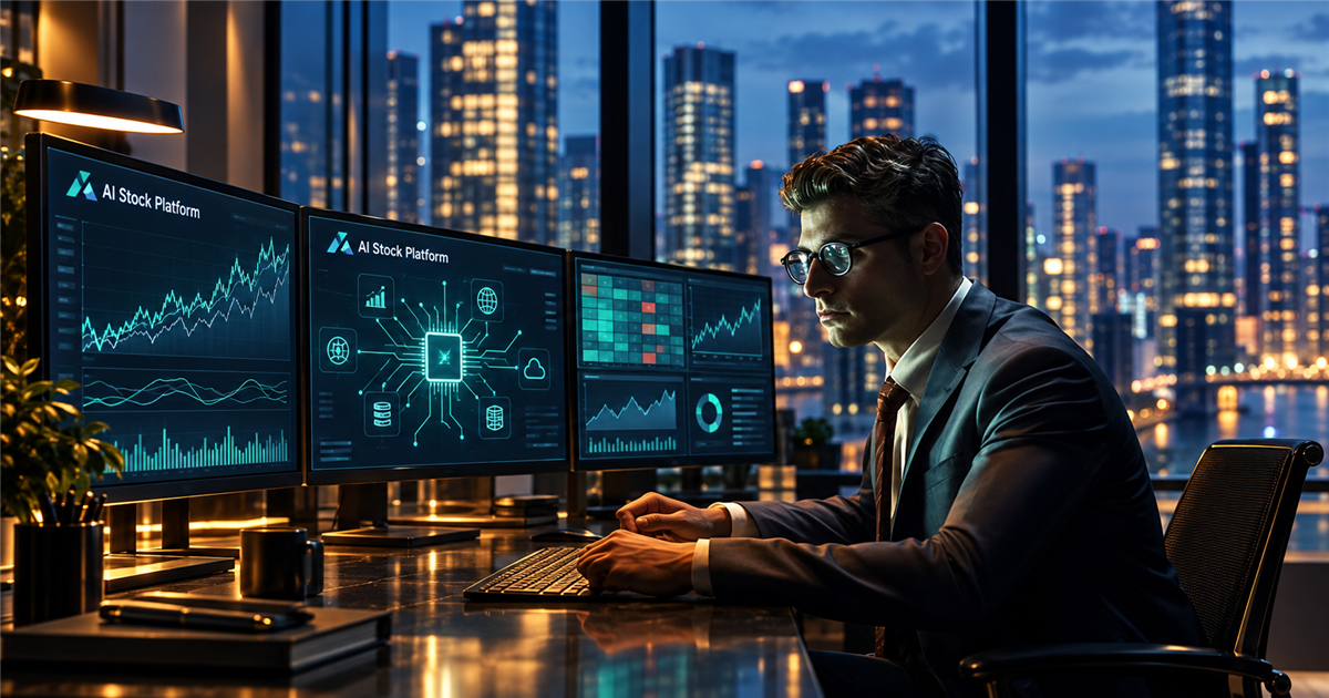 Editorial research AI-generated image: A business researcher reviews AI Stock Platform monitors and an infrastructure diagram at a desk.