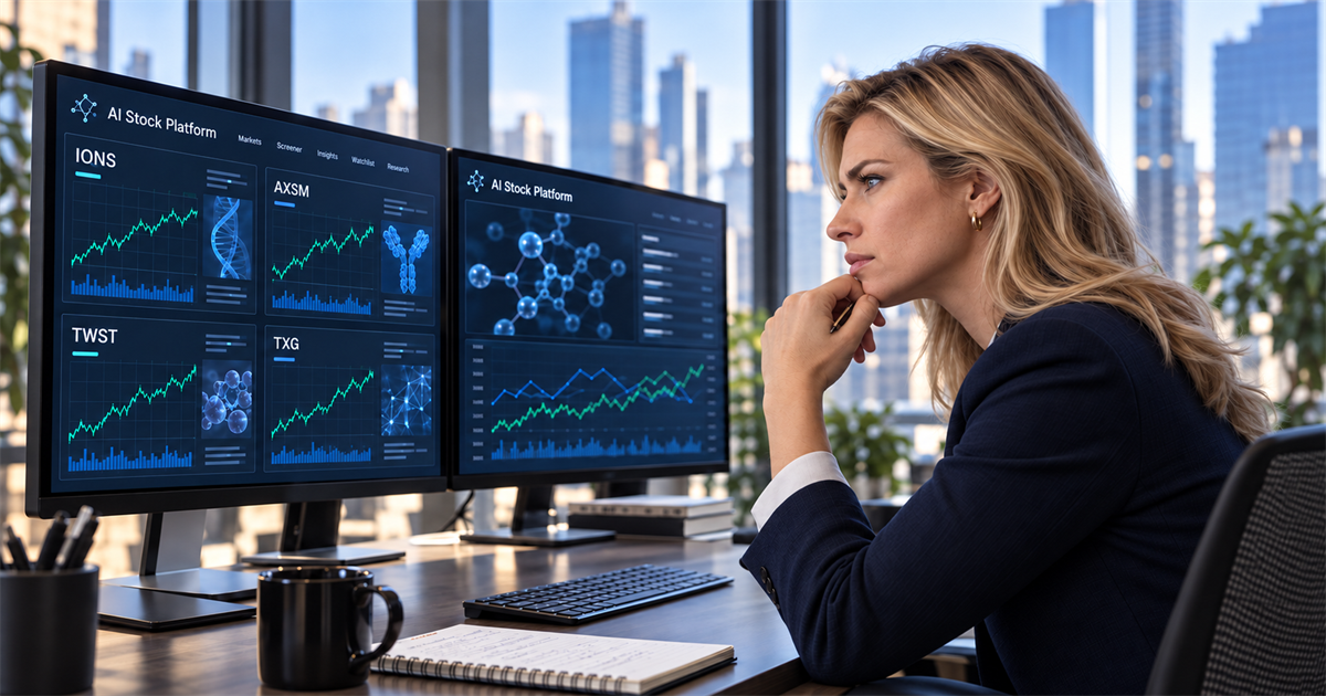 A blonde analyst compares four healthcare stocks on AI Stock Platform charts.
