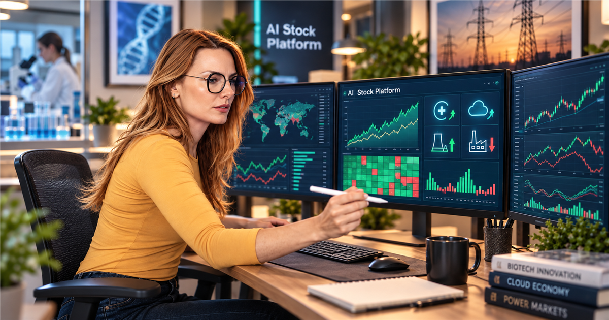 Editorial research AI-generated image: An analyst reviews illustrative healthcare, cloud and power-market dashboards.