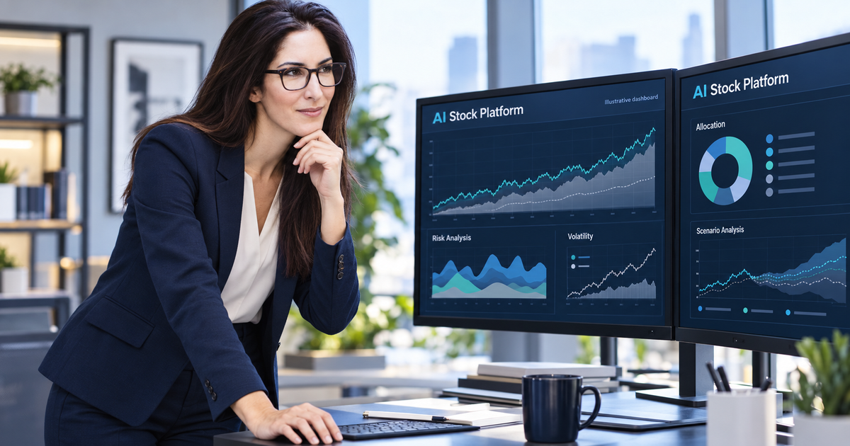 Editorial research AI-generated image: a brunette woman wearing glasses and business attire stands facing AI Stock Platform monitors showing illustrative risk and allocation dashboards.