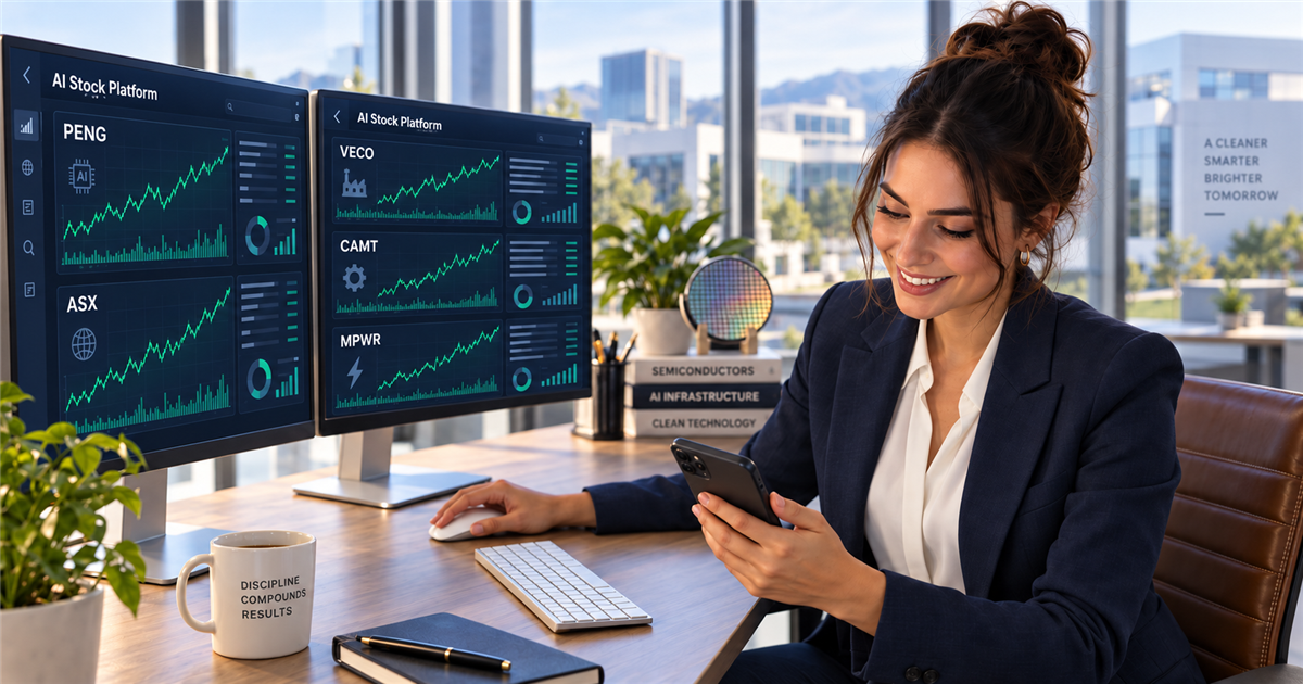 Editorial research AI-generated image: An analyst reviews illustrative semiconductor dashboards in a bright office.