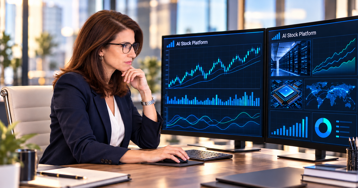 Editorial research AI-generated image: A businesswoman wearing glasses faces monitors with conceptual AI Stock Platform dashboards in a modern office.