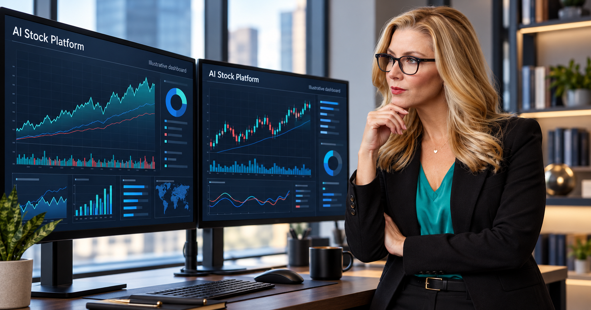 Editorial research AI-generated image: a woman in glasses and business attire stands facing monitors displaying illustrative AI Stock Platform research dashboards.
