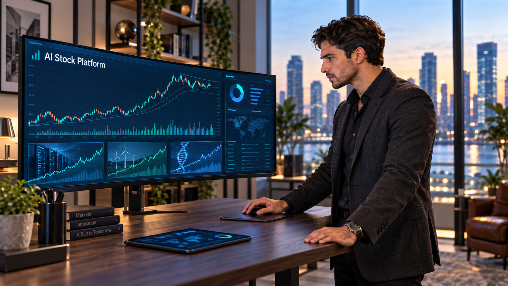 An analyst reviews an AI Stock Platform chart and sector signals at a standing desk.